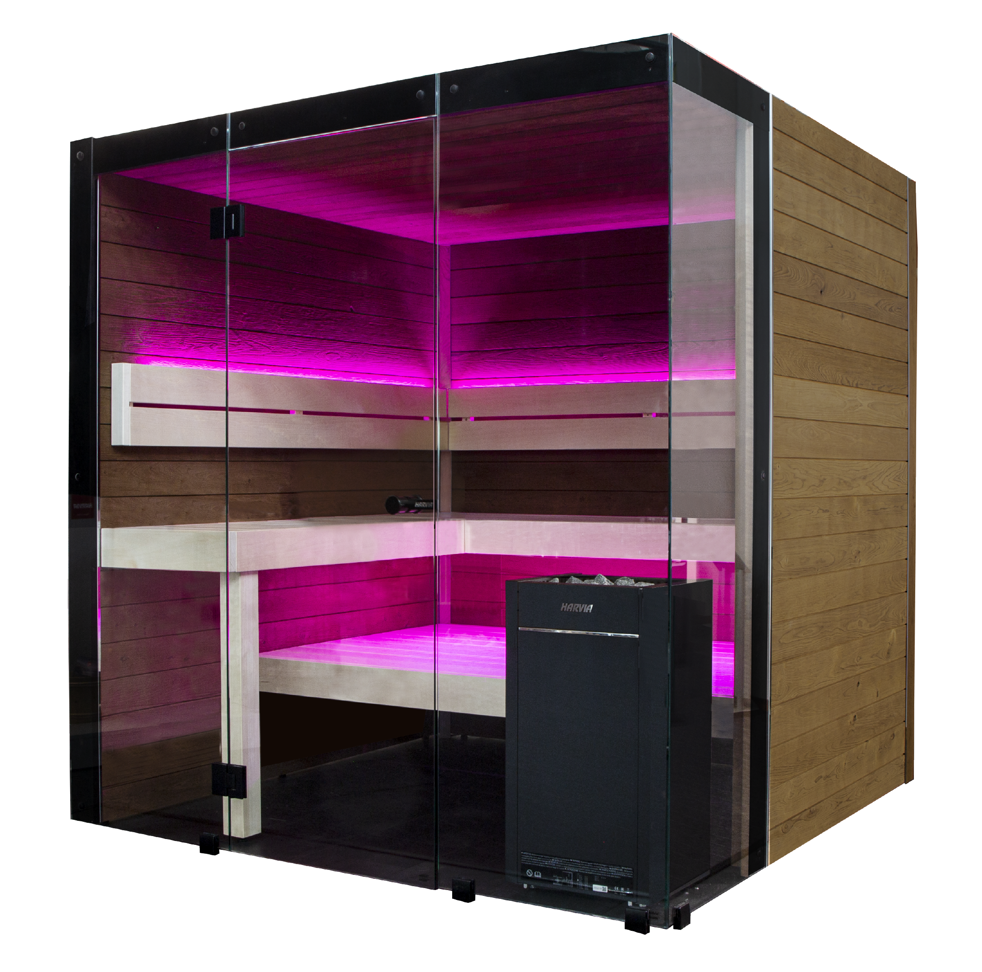 Infrared sauna with wooden exterior and pink interior lighting on a white background