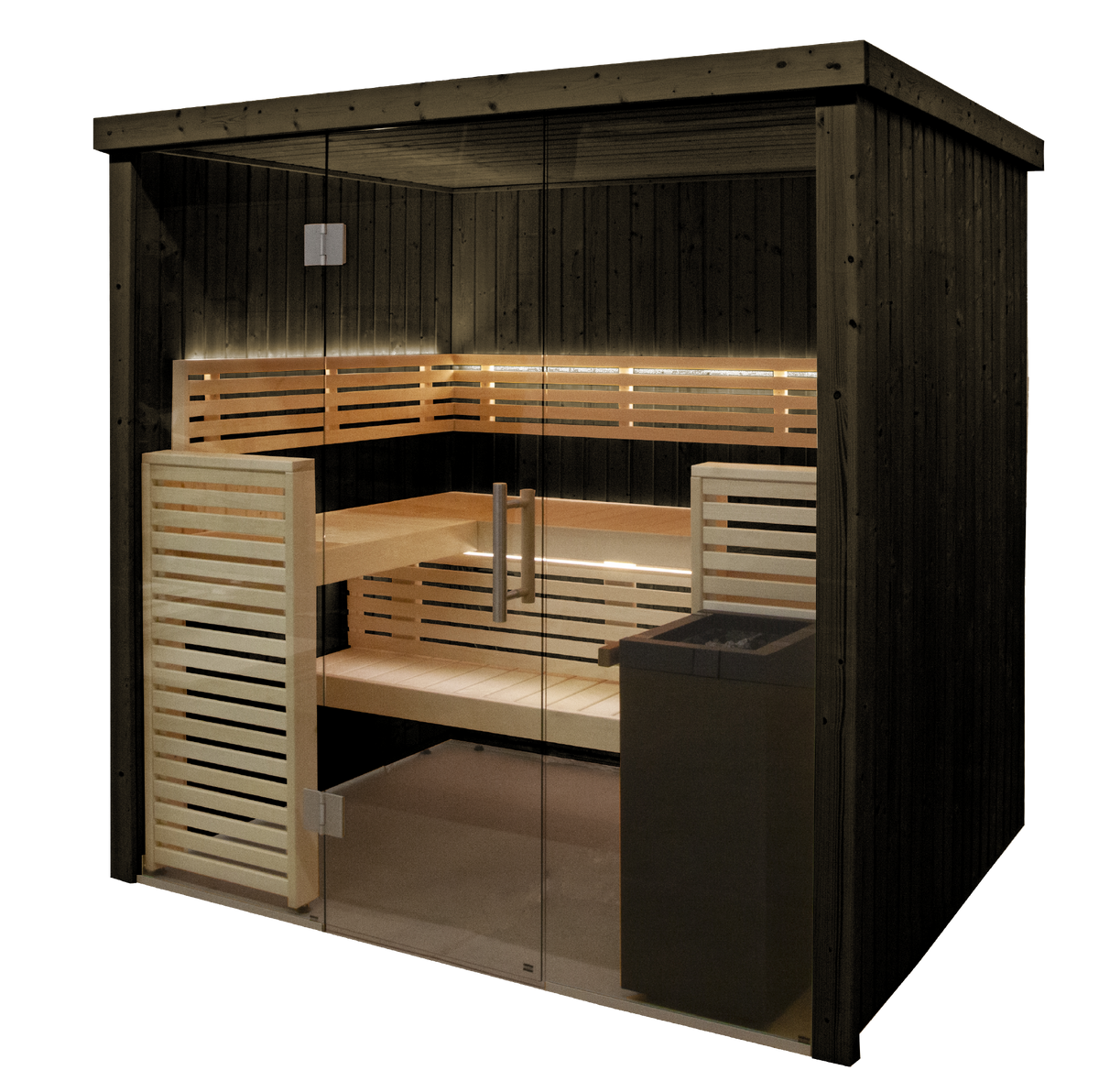 Wooden sauna with glass doors on a white background in slant view