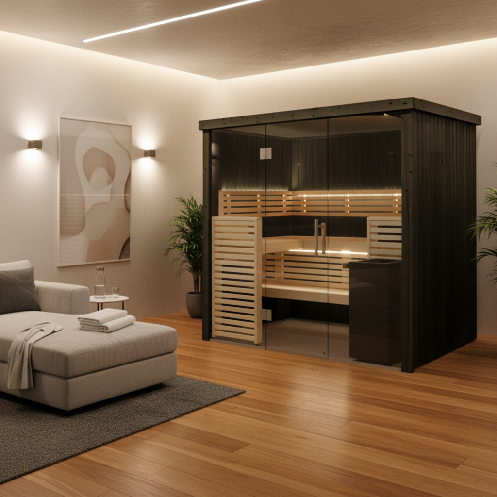 Almost Heaven Saunas Harvia Fenix Indoor Cabin Sauna in lights