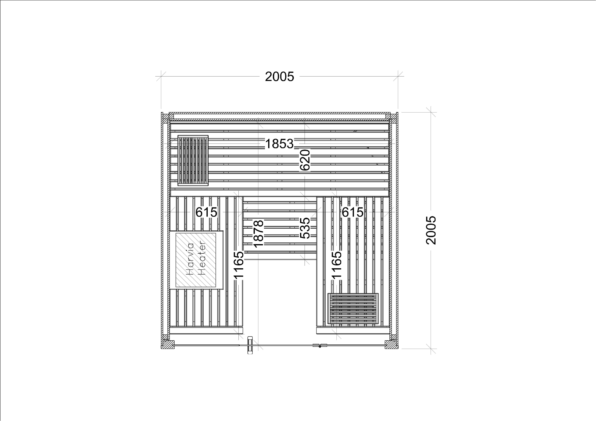 A black and white technical line drawing showing the dimensions of a compact sauna room, with measurements labeled 2005, 1853, 620, 2005, 1165, 535, 615, and 1165.