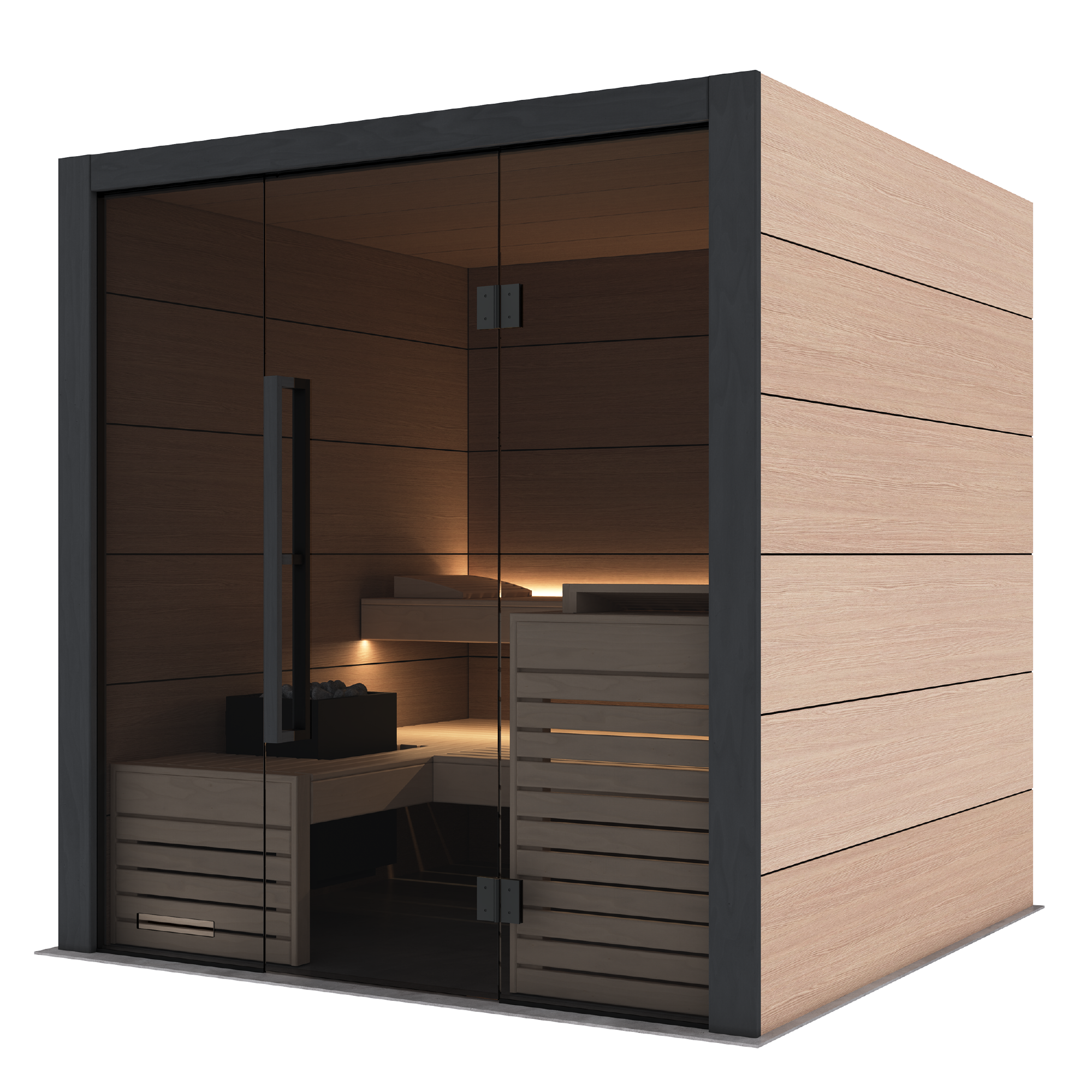 A modern wooden sauna cabin with a light wood exterior, dark gray frame, glass doors, and warm interior lighting, shown on a plain white background.