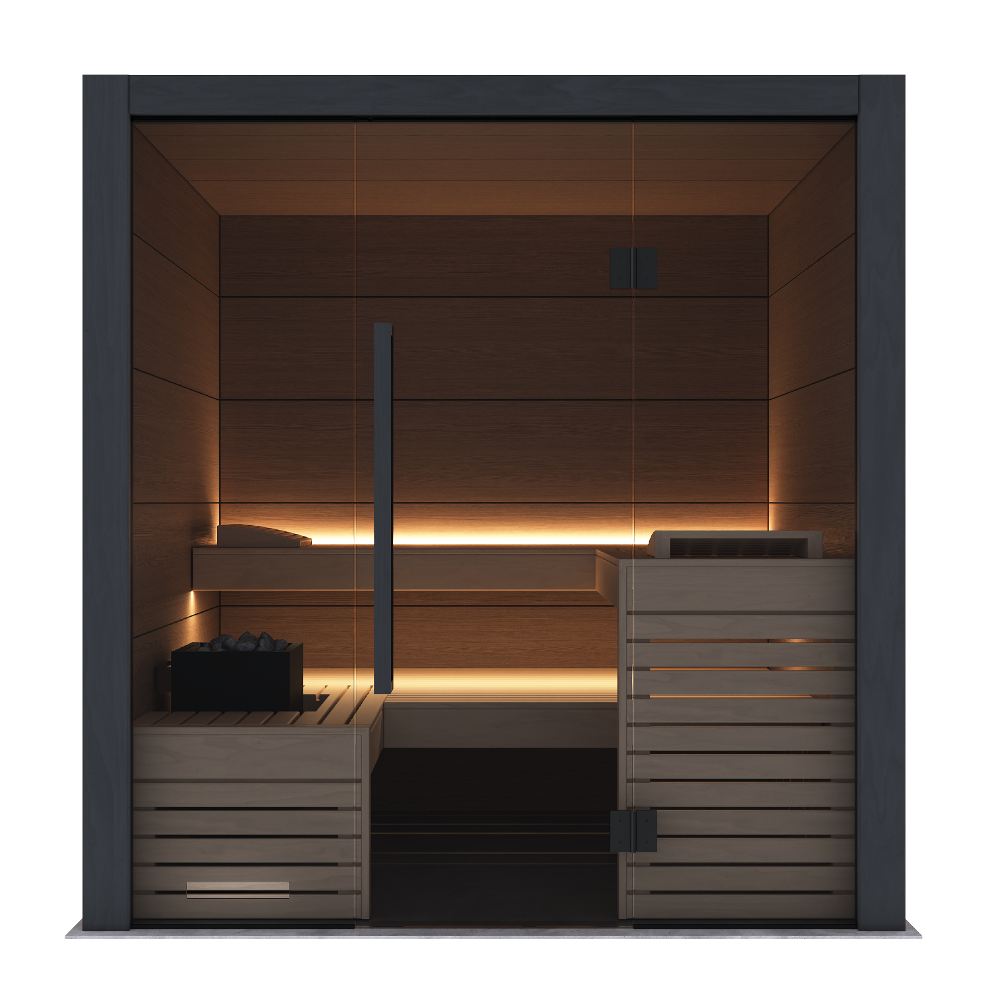 A modern wooden sauna cabin with a dark charcoal metal frame, glass door, built-in wooden benches, warm ambient lighting, and a steam generation unit on the right side.