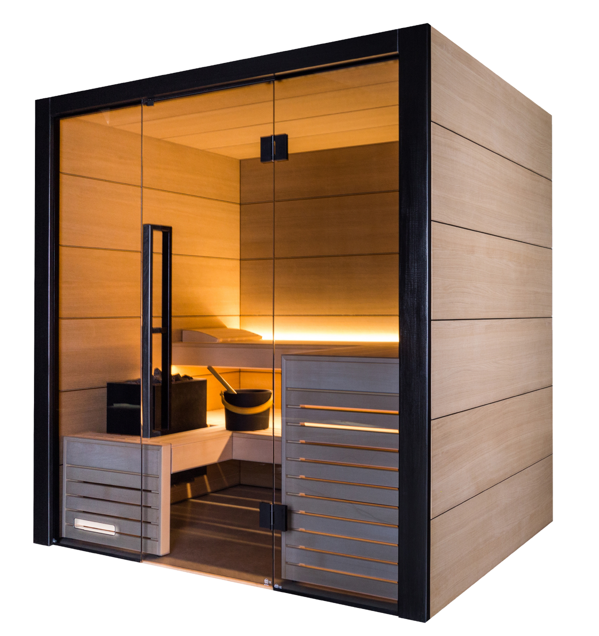 A modern wooden sauna cabin with glass doors, warm interior lighting, built-in benches, and a slatted front panel, shown on a plain white background.