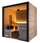A modern wooden sauna cabin with glass doors, warm interior lighting, built-in benches, and a slatted front panel, shown on a plain white background.