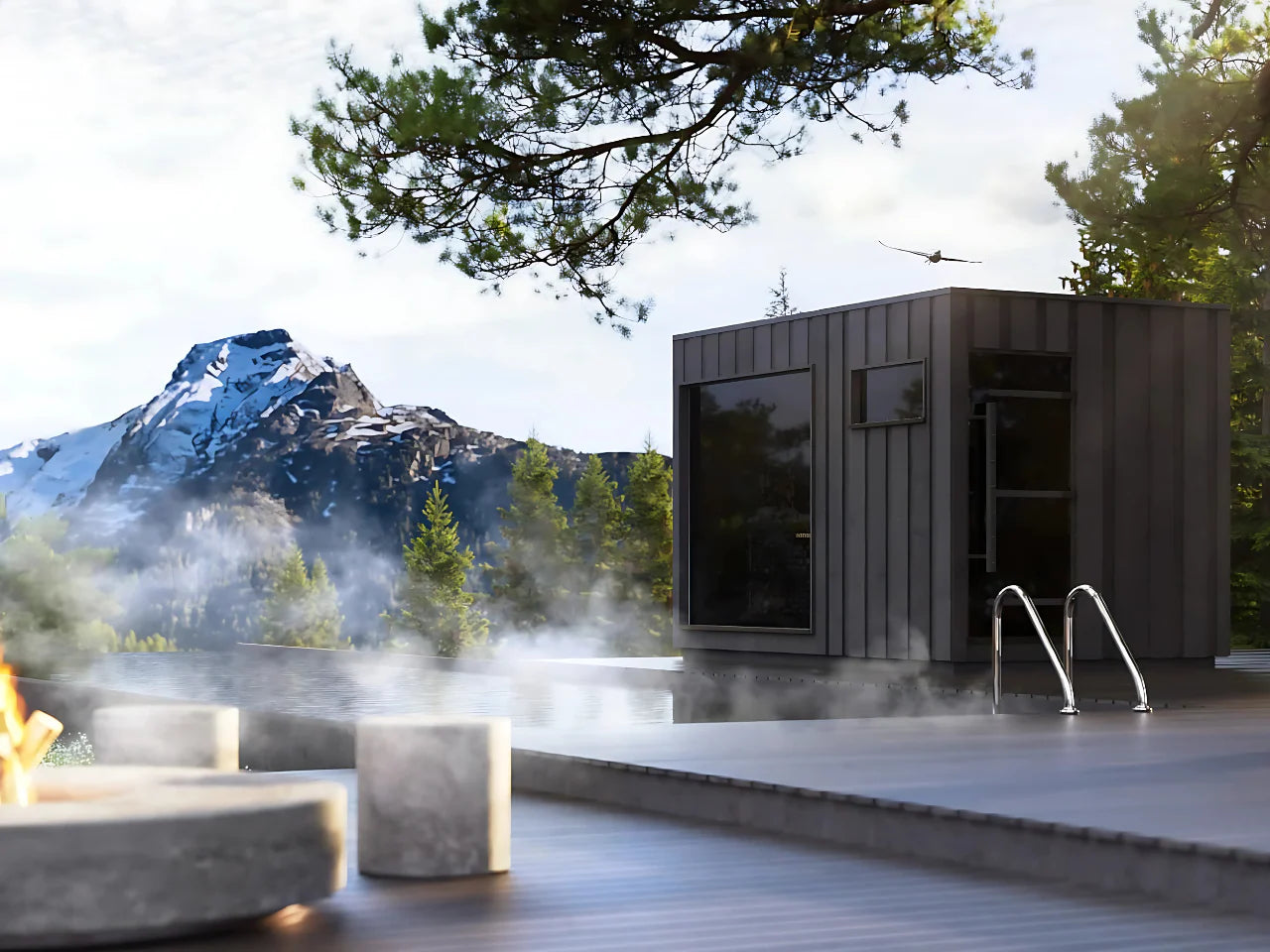 Harvia Legend sauna with a moountain view background and beside is a pool