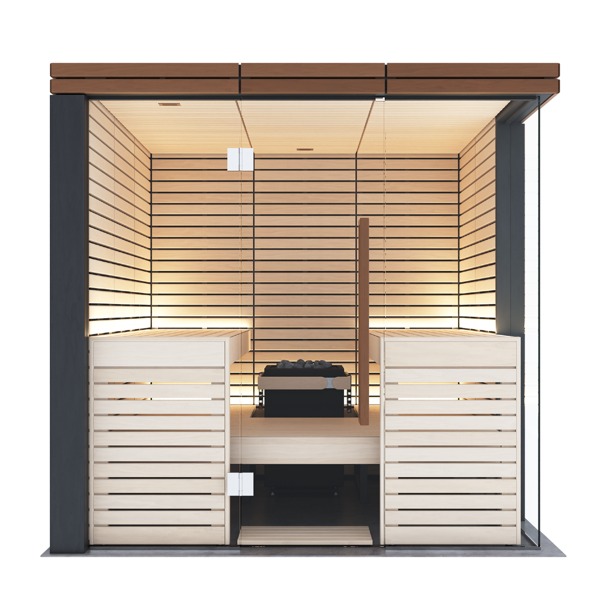 A modern wooden sauna cabin with light natural wood slat walls, a dark brown wooden roof, and a black interior steam generator, shown on a plain white background.