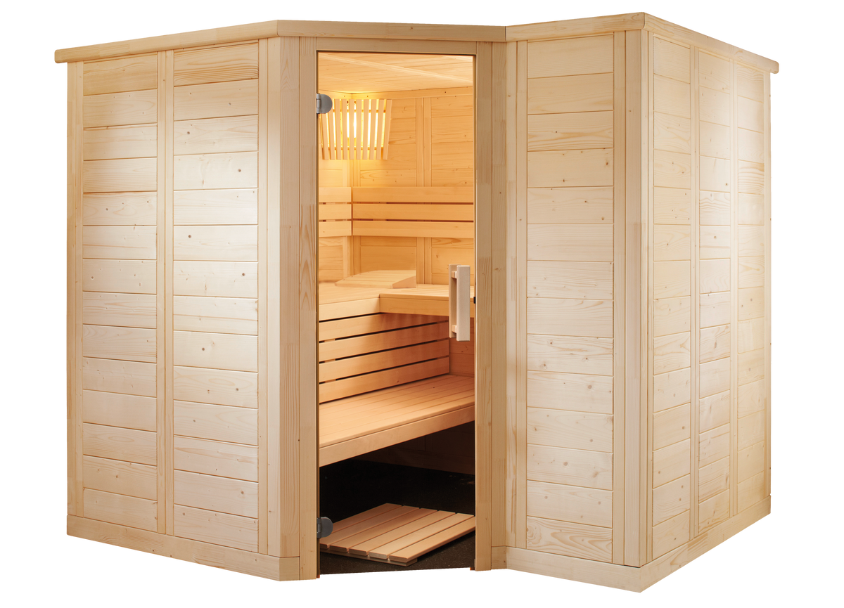 A corner wooden sauna with light natural wood panels, an open door revealing built-in wooden benches and warm interior lighting, and a glass door panel on the right side.