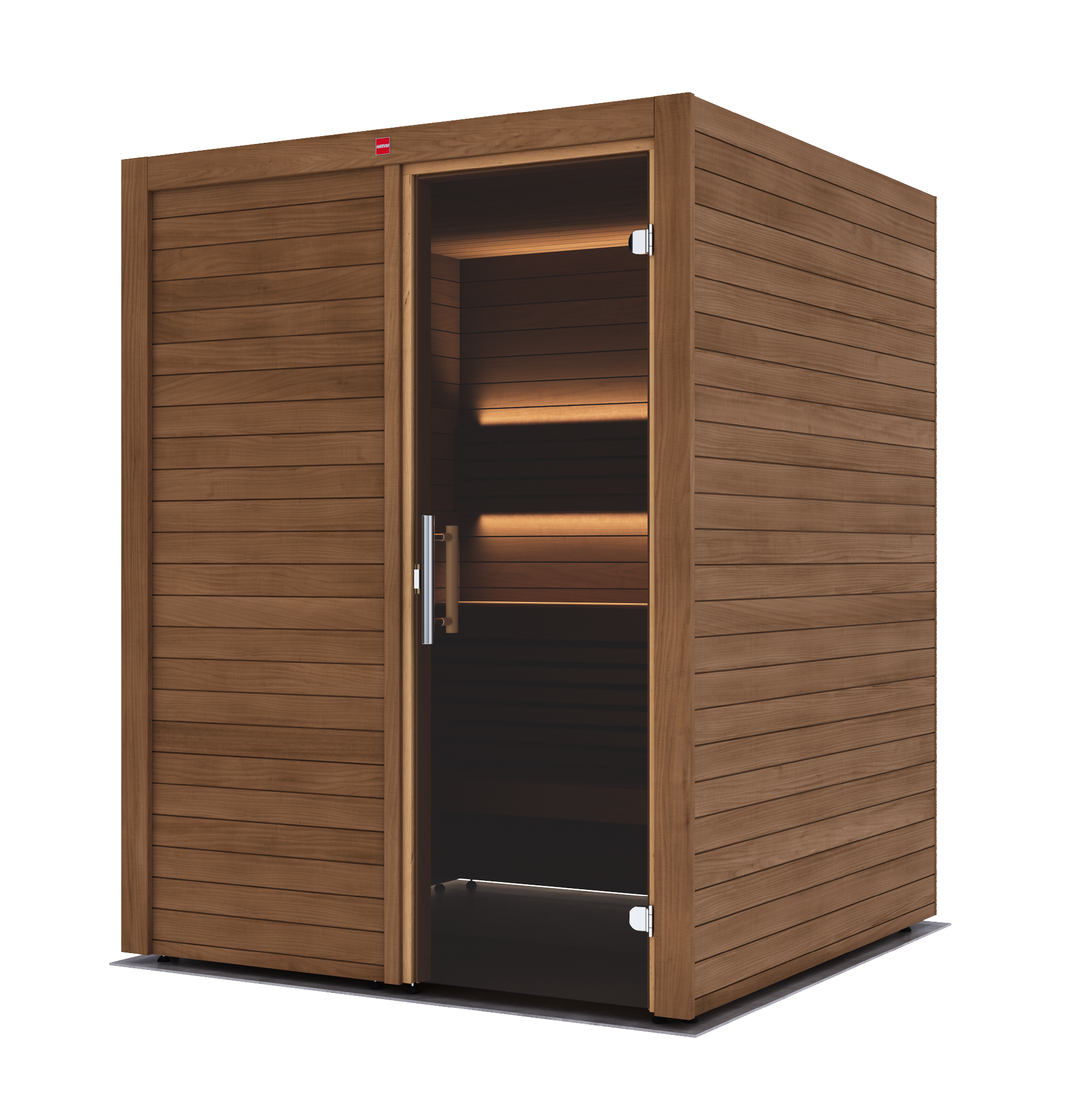 A single-person wooden sauna with a warm brown wood-grain finish, featuring a sliding door with a silver handle and interior LED lighting, shown on a white background.