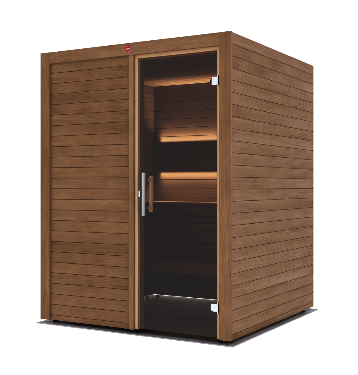 A single-person wooden sauna with a warm brown wood-grain finish, featuring a sliding door with a silver handle and interior LED lighting, shown on a white background.