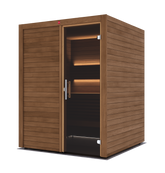 A single-person wooden sauna with a warm brown wood-grain finish, featuring a sliding door with a silver handle and interior LED lighting, shown on a white background.