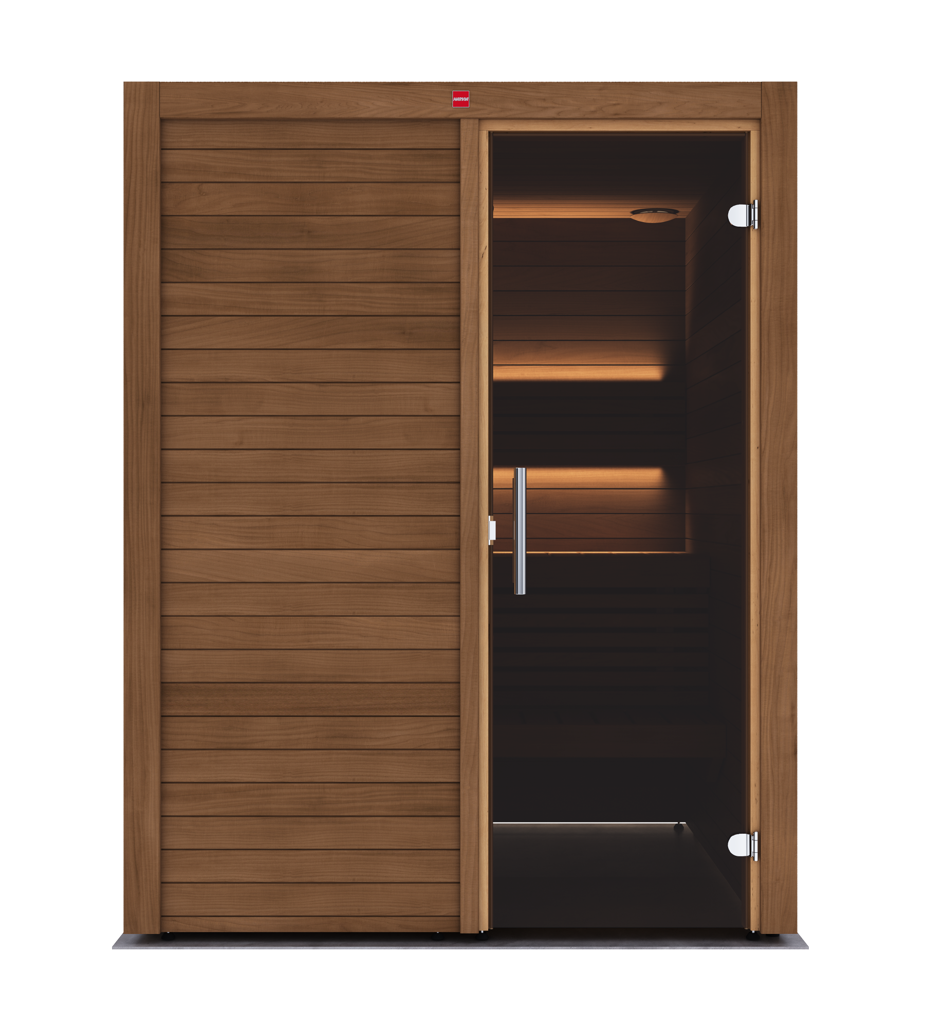 A modern wooden sauna with a sliding door on the left and an open glass door on the right, showing warm interior lighting and shelves, isolated on a white background.