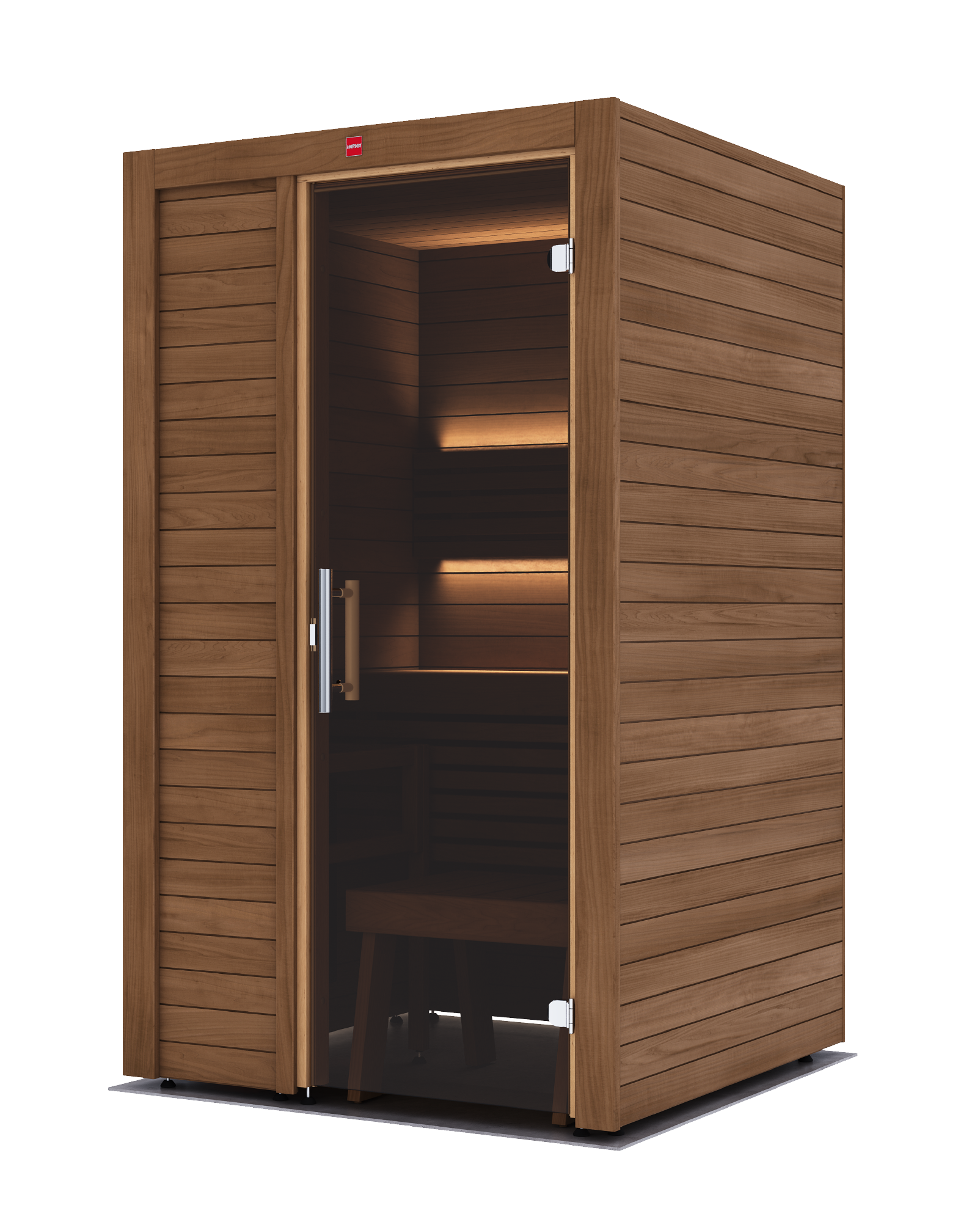 A single-person wooden sauna with a glass door, interior lighting, and a bench, shown on a white background.