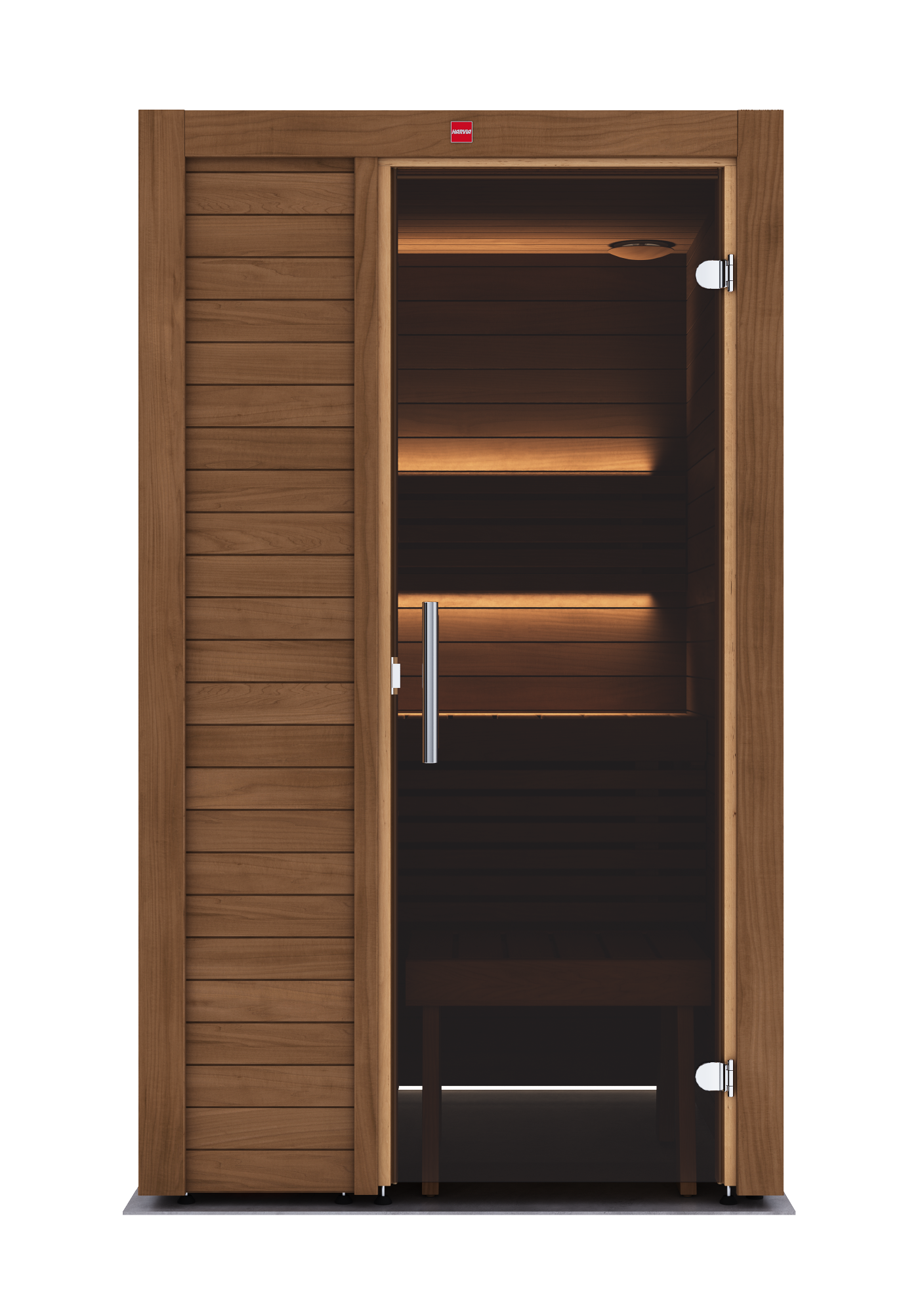 A modern wooden sauna with a sliding door, featuring warm wood grain panels, interior LED lighting, and a glass door with a silver handle, shown against a plain white background.