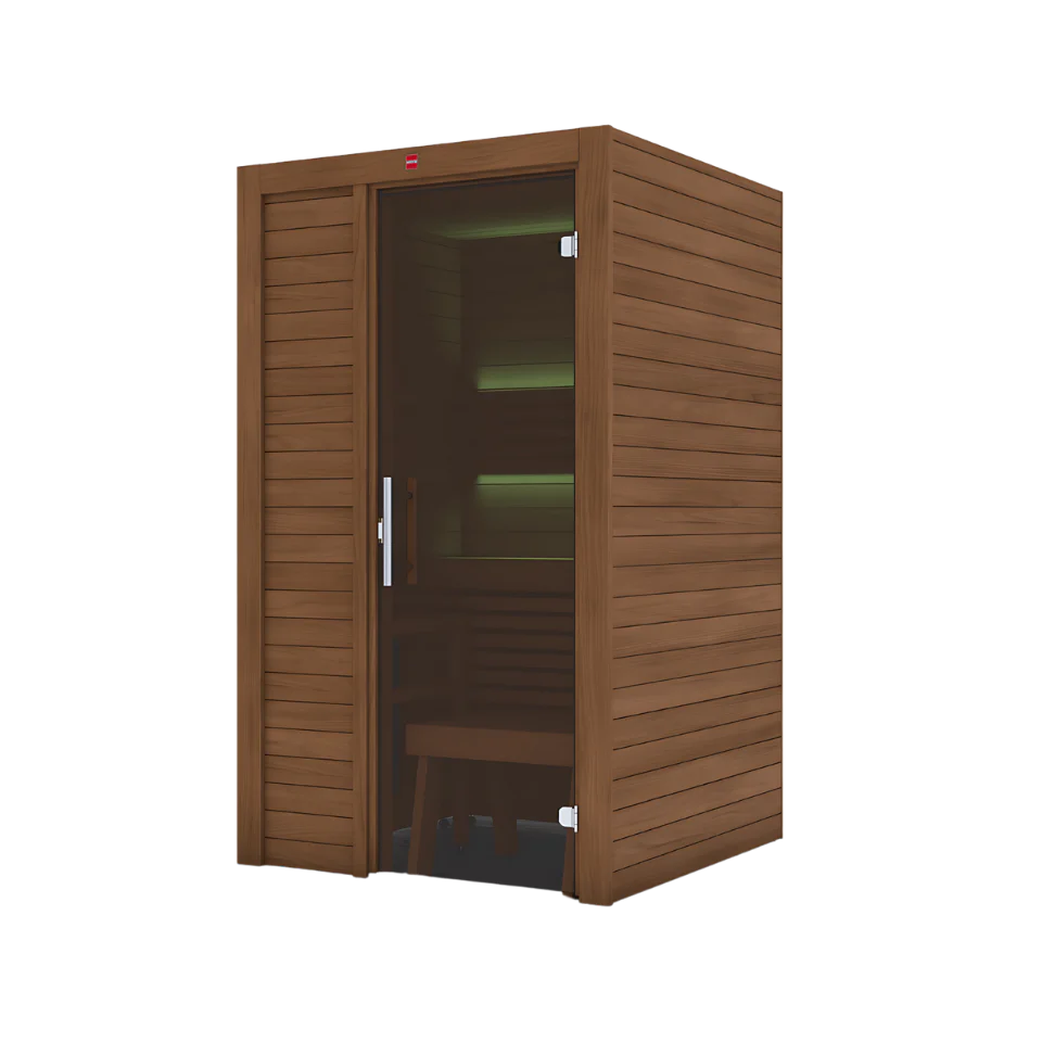 Wooden sauna cabin with glass door on a white background