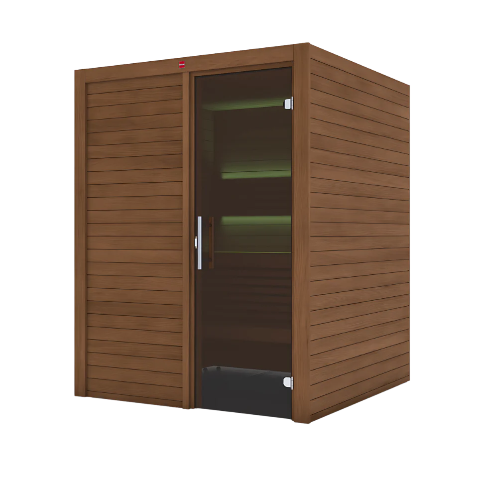 A  wooden sauna with a brown horizontal slat exterior, a glass door with a silver handle, and green interior lighting, shown on a plain white background.