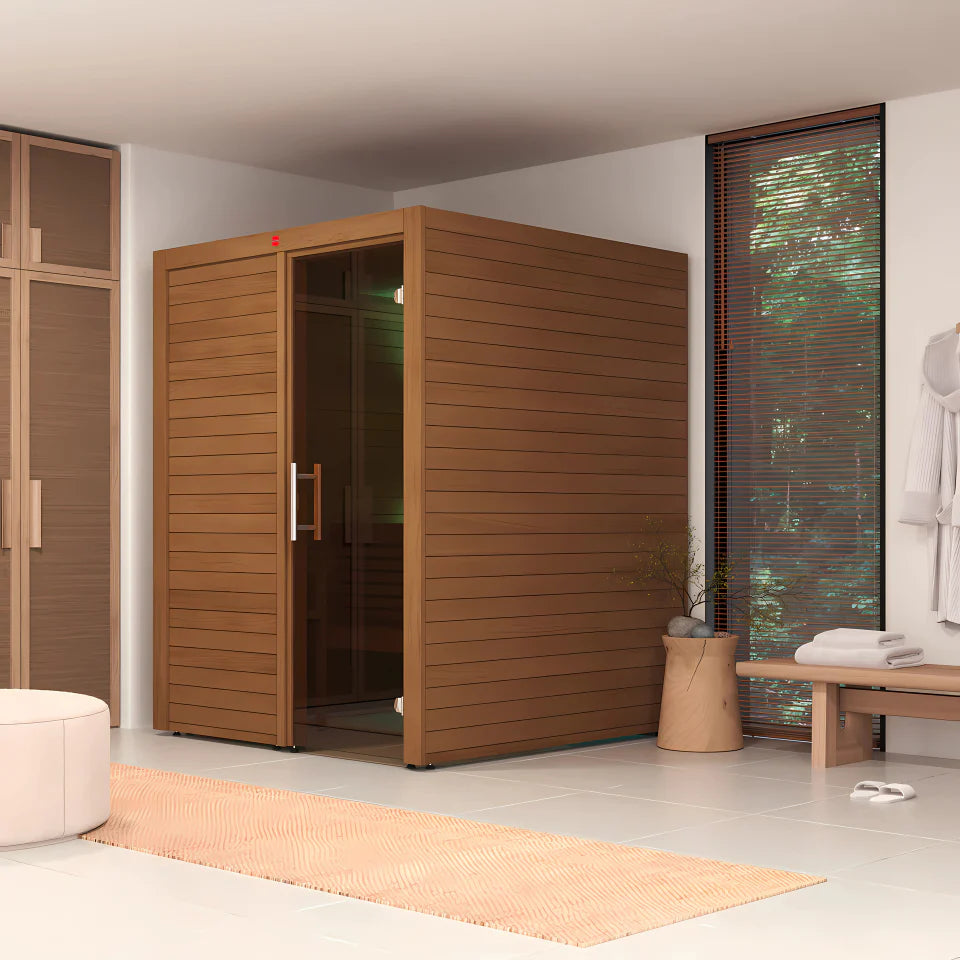 Wooden sauna in a modern room with a bench and window