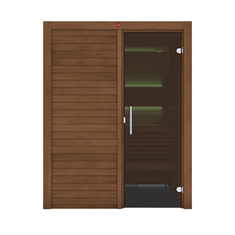 Harvia Utu indoor sauna cabin with horizontal wood paneling and a bronze glass door