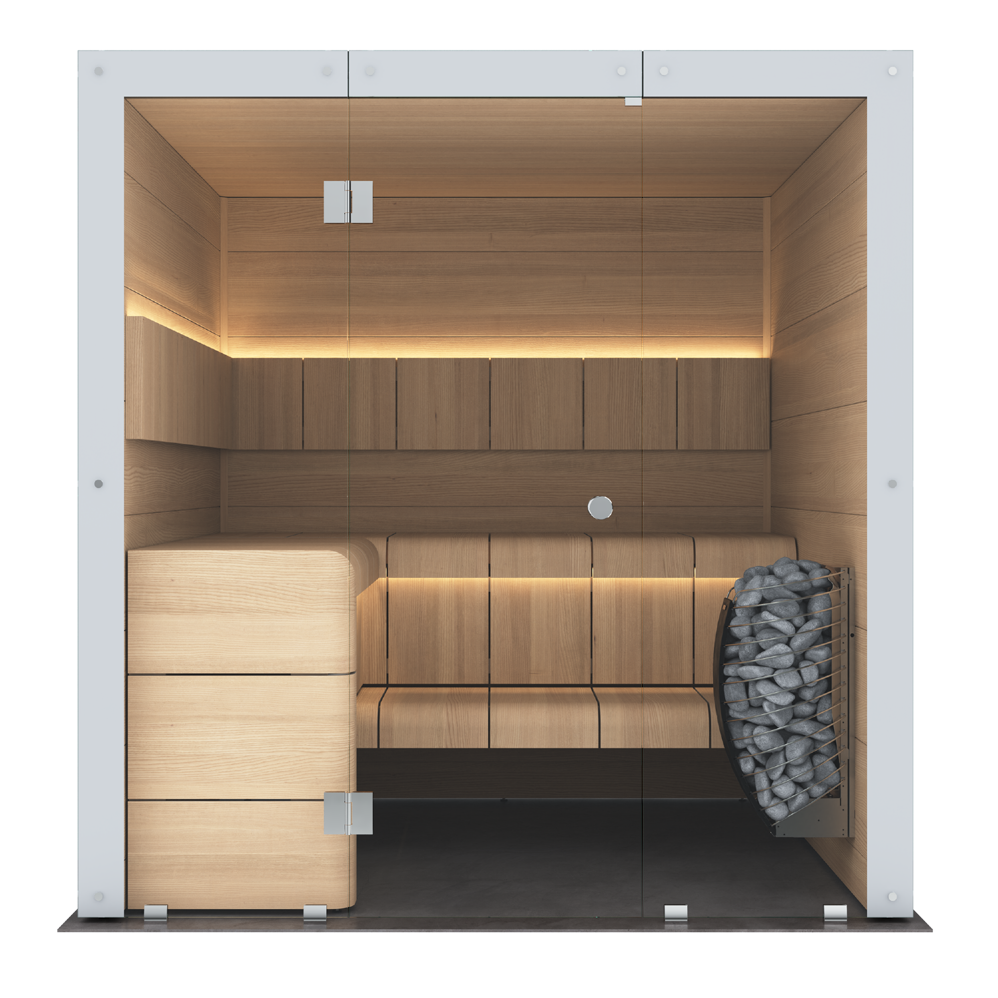 A modern wooden sauna cabin with a glass door, built-in bench, warm LED lighting, a wood-burning stove with a pile of logs, and a white outer frame on a white background.