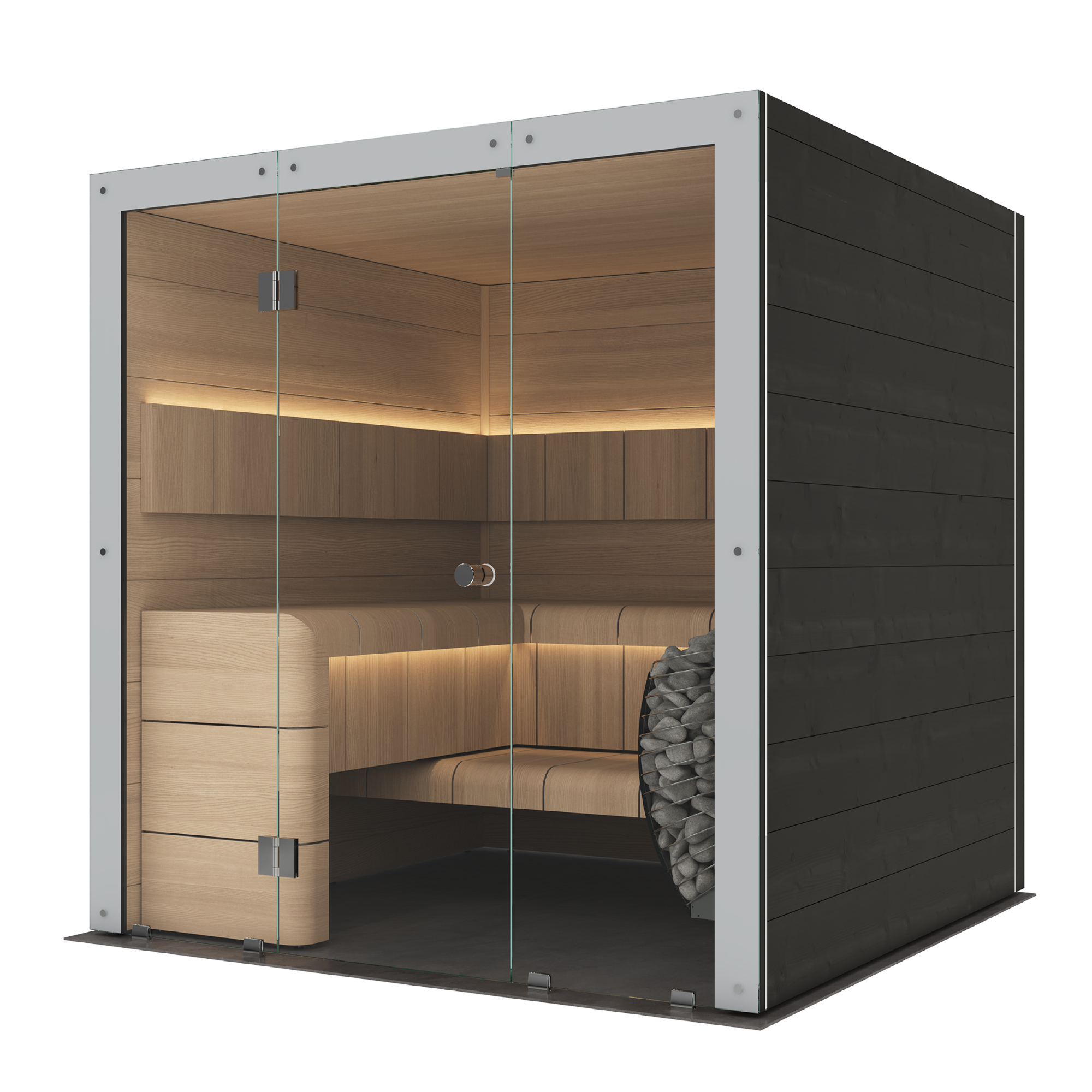 A modern wooden sauna cabin with a glass door,  shown on a plain white background.