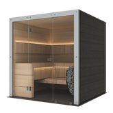 A modern wooden sauna cabin with a glass door,  shown on a plain white background.