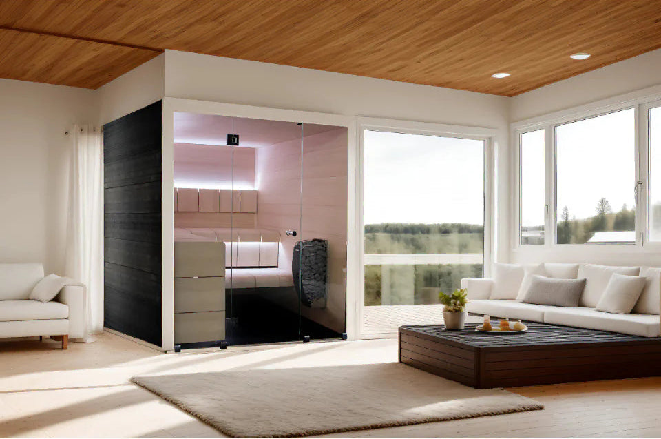Modern living room with large windows, a coffee table, and a sofa.