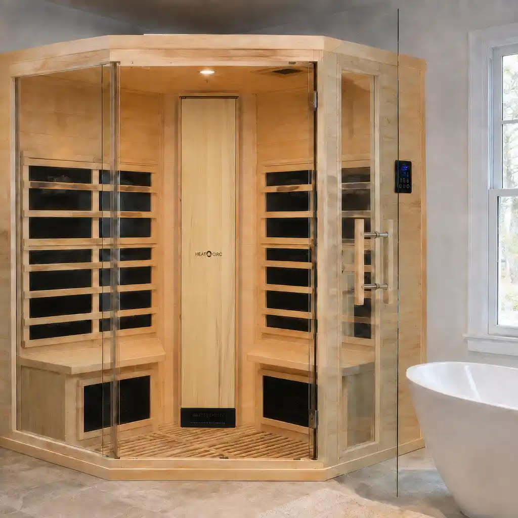 A corner wooden steam room or sauna enclosure with glass doors and interior seating, shown installed in a bathroom next to a freestanding white tub. CRM Showers Sauna Next Heat Circ