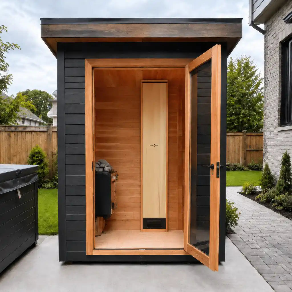 A modern outdoor wooden sauna with a black exterior, light wood interior, and an open door showing a wood-burning stove inside, situated on a paved patio in a backyard. CRM Showers Sauna Next Heat Circ