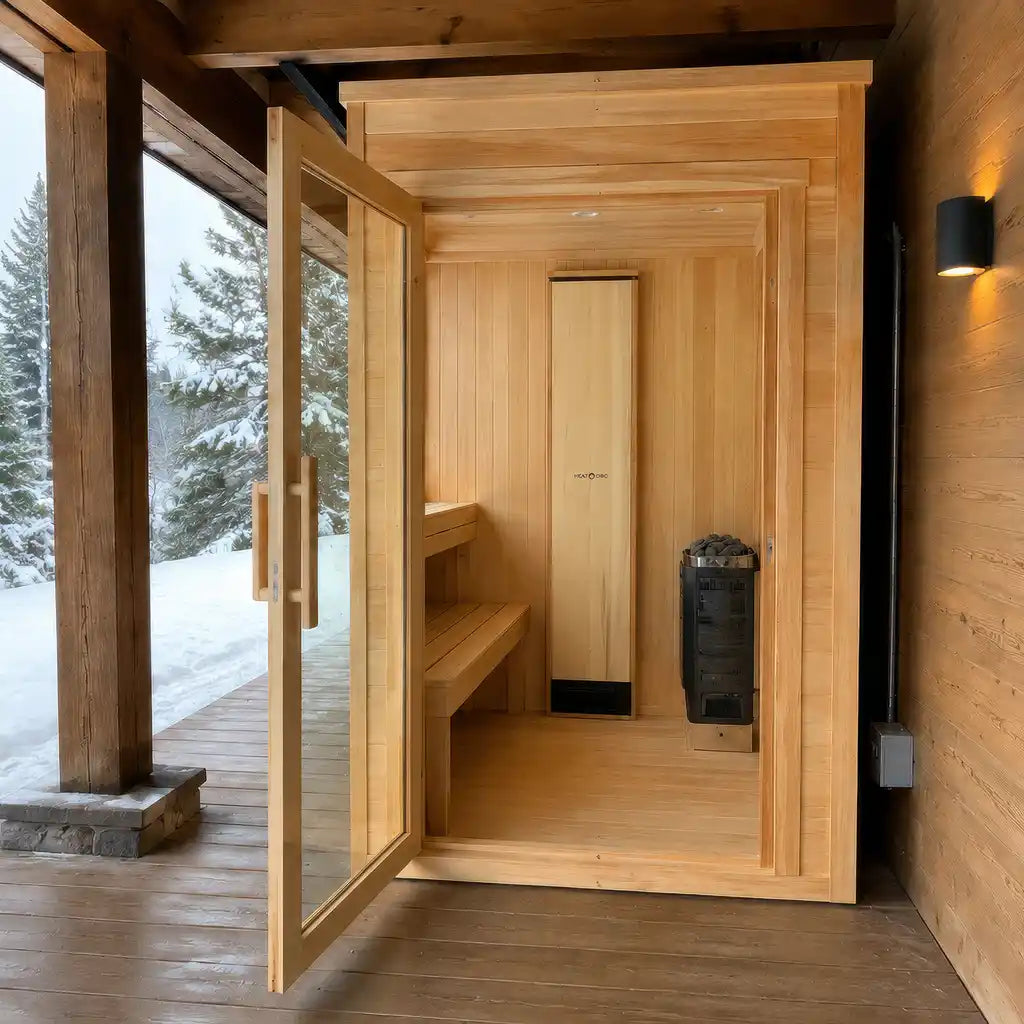 A modern wooden sauna cabin with an open glass door, showing light natural wood walls and floor, a built-in bench, and a black wood-burning stove. A snowy outdoor forest is visible through the large window on the left. CRM Showers Sauna Next Heat Circ