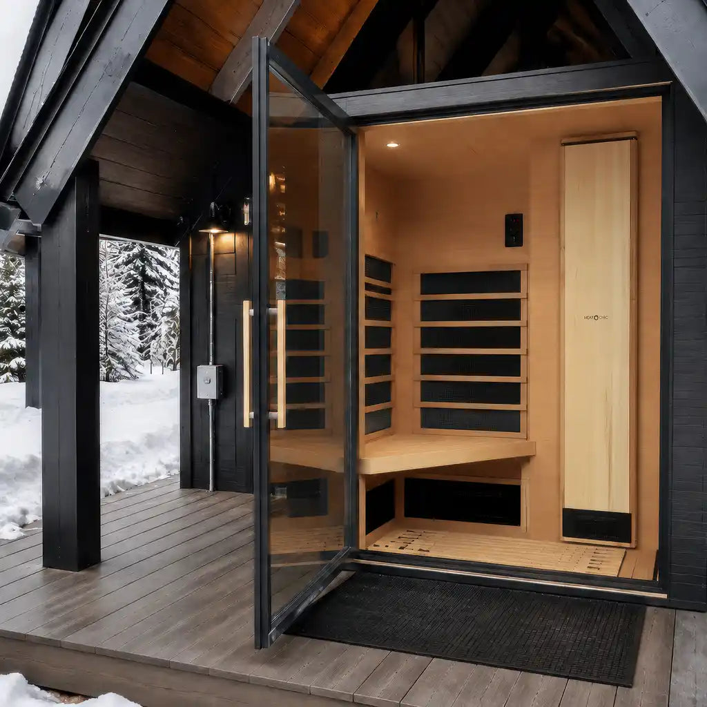 A modern glass-walled sauna cabin with light wood interior and dark accents, shown open on a wooden deck with a snowy outdoor background visible through the side window. CRM Showers Sauna Next Heat Circ