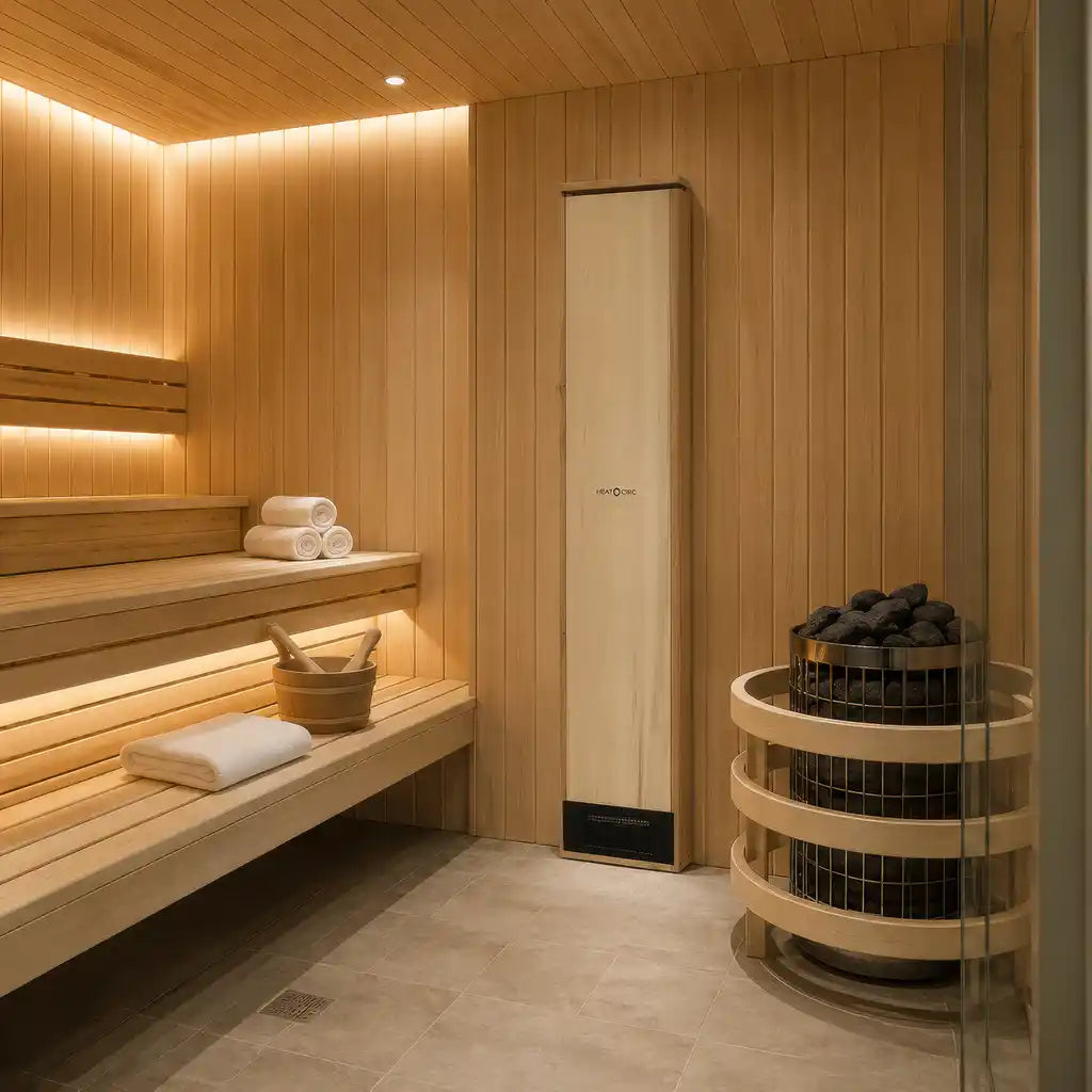 A modern wooden sauna room with built-in benches, warm ambient lighting, a tall wood cabinet, and a round black stone heater basket on the floor. CRM Showers Sauna Next Heat Circ