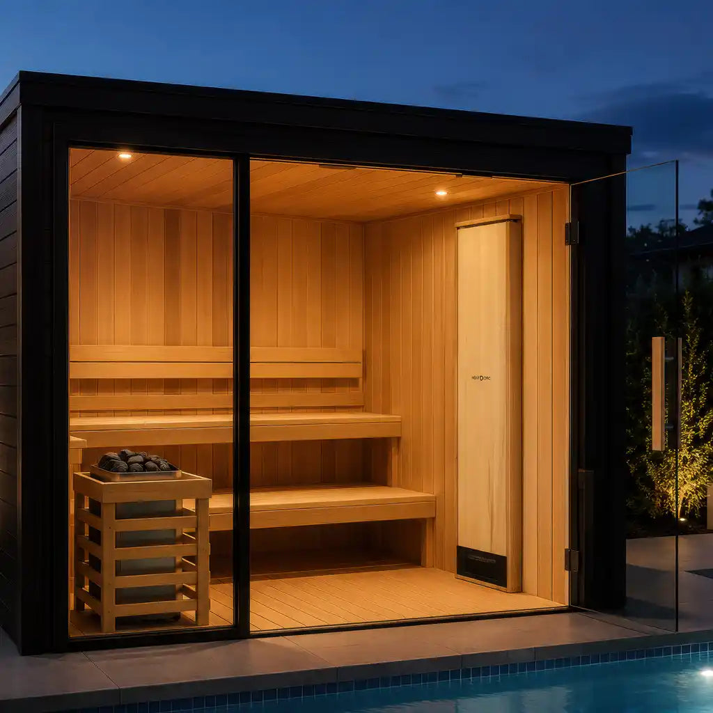 A modern wooden indoor sauna cabin with a black frame, glass doors, and interior bench seating, shown at dusk beside a pool. A wood-burning stove and a stone basket are visible inside. CRM Showers Sauna Next Heat Circ