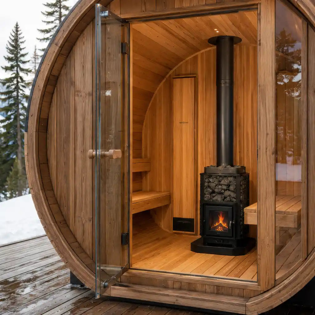 A round wooden sauna cabin with a glass door open, showing a warm wood interior with built-in benches and a black wood-burning stove with a visible fire. Snow and evergreen trees are visible outside on a wooden deck.CRM Showers Sauna Next Heat Circ