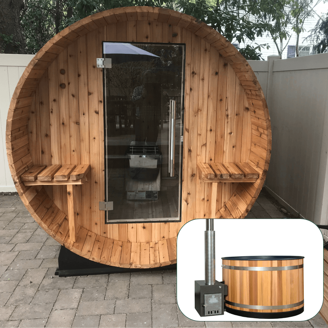 Almost Heaven Huntington 6 Person Barrel Sauna + Almost Heaven Kirami 4 Person Hot Tub