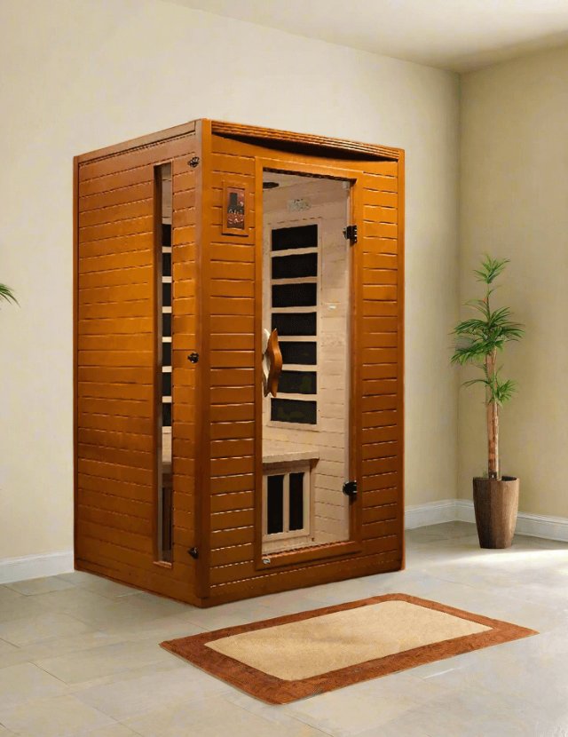 Indoor wooden sauna with built-in benches and a warm, relaxing interior.

