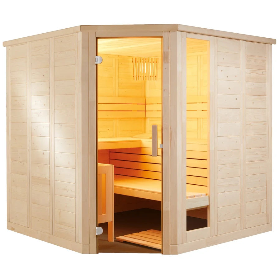 Wooden sauna with interior lights on a white background