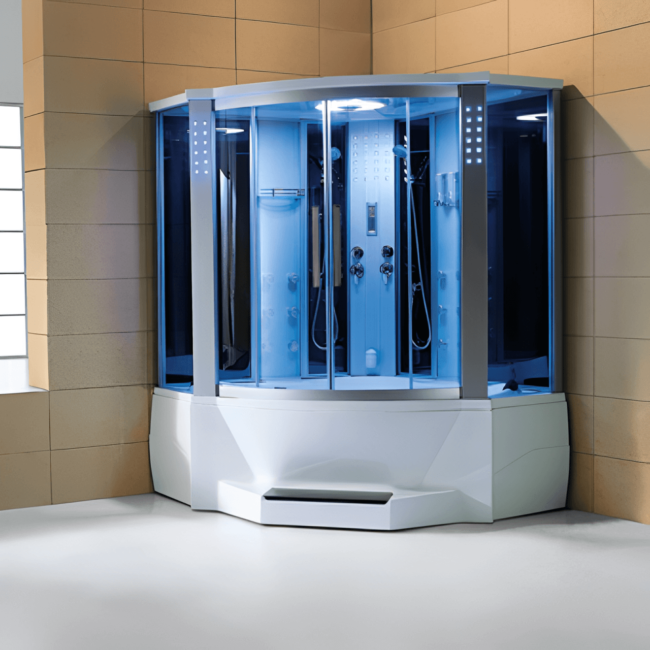 Mesa WS-701A 2 Person Corner Steam Shower with Jetted Tub - 66"L x 66"W x 87"H (Blue Glass)