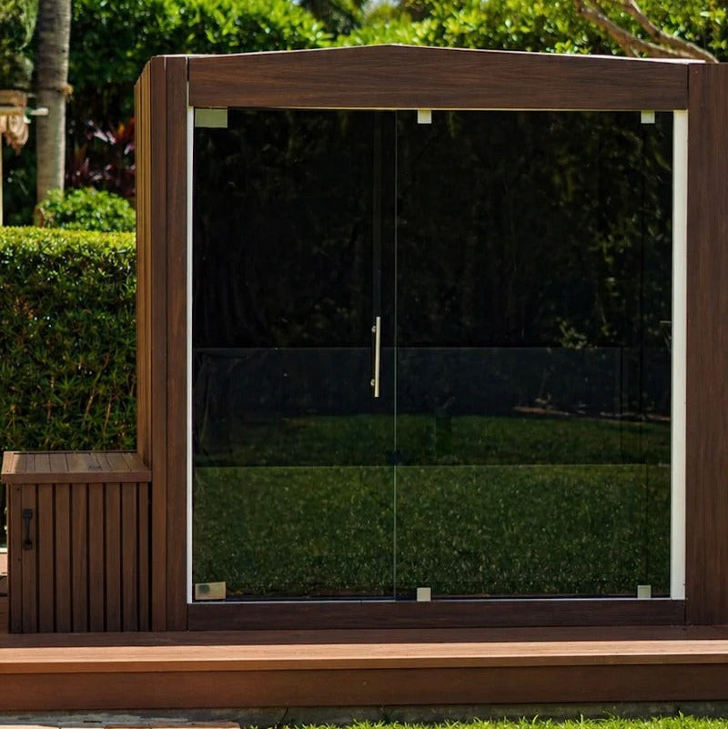 Premium outdoor sauna and steam room with  glass panels 