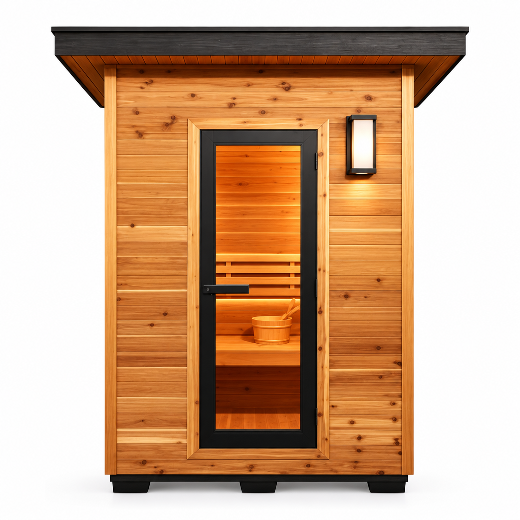 Front view of the Sunray Seneca red cedar sauna with glass door and metal roof