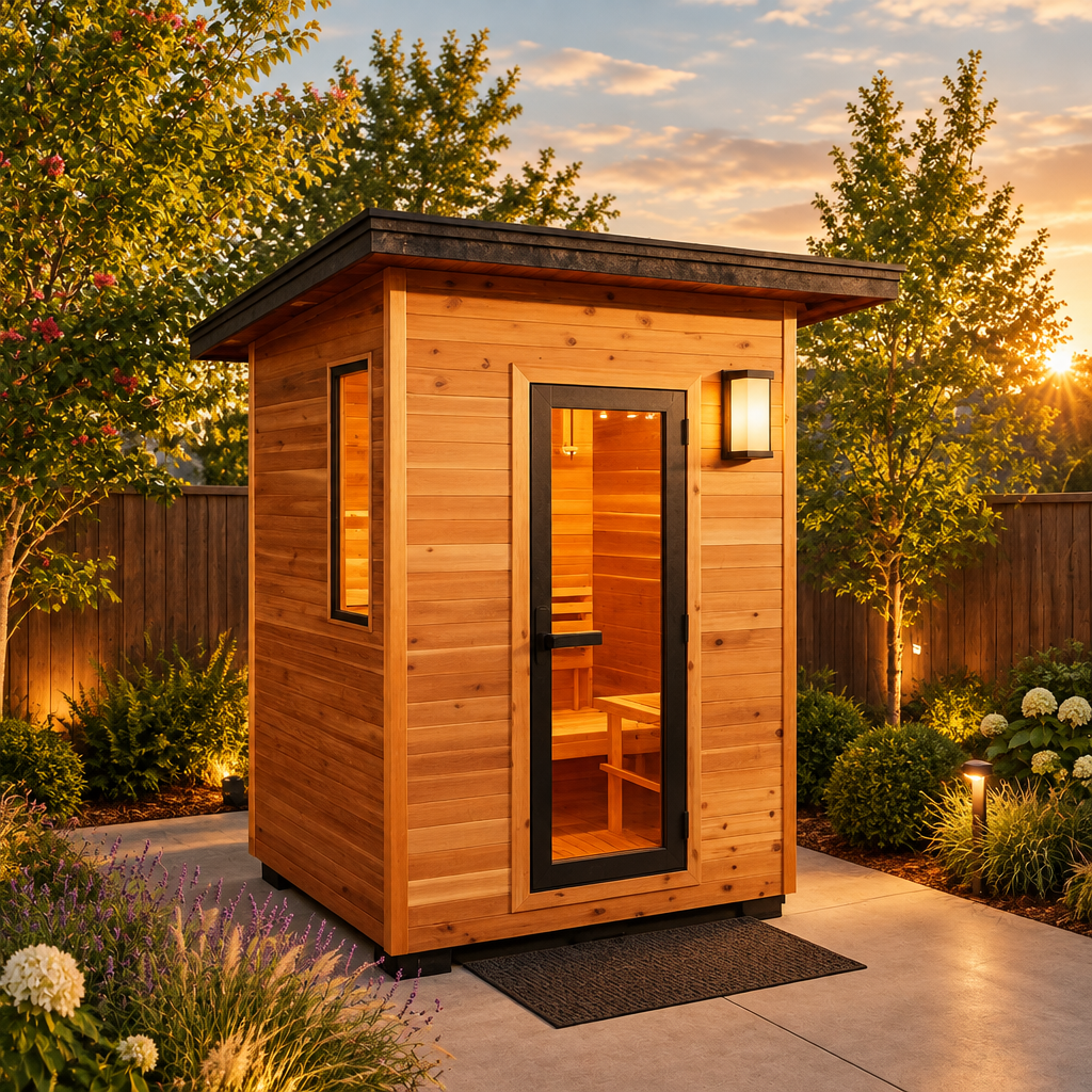 Sunray Seneca 3-person contemporary outdoor sauna on a backyard patio
