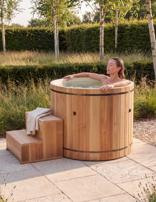 A woman relaxes in a round wooden hot tub with a matching wooden step stool on a stone patio, with a garden background.