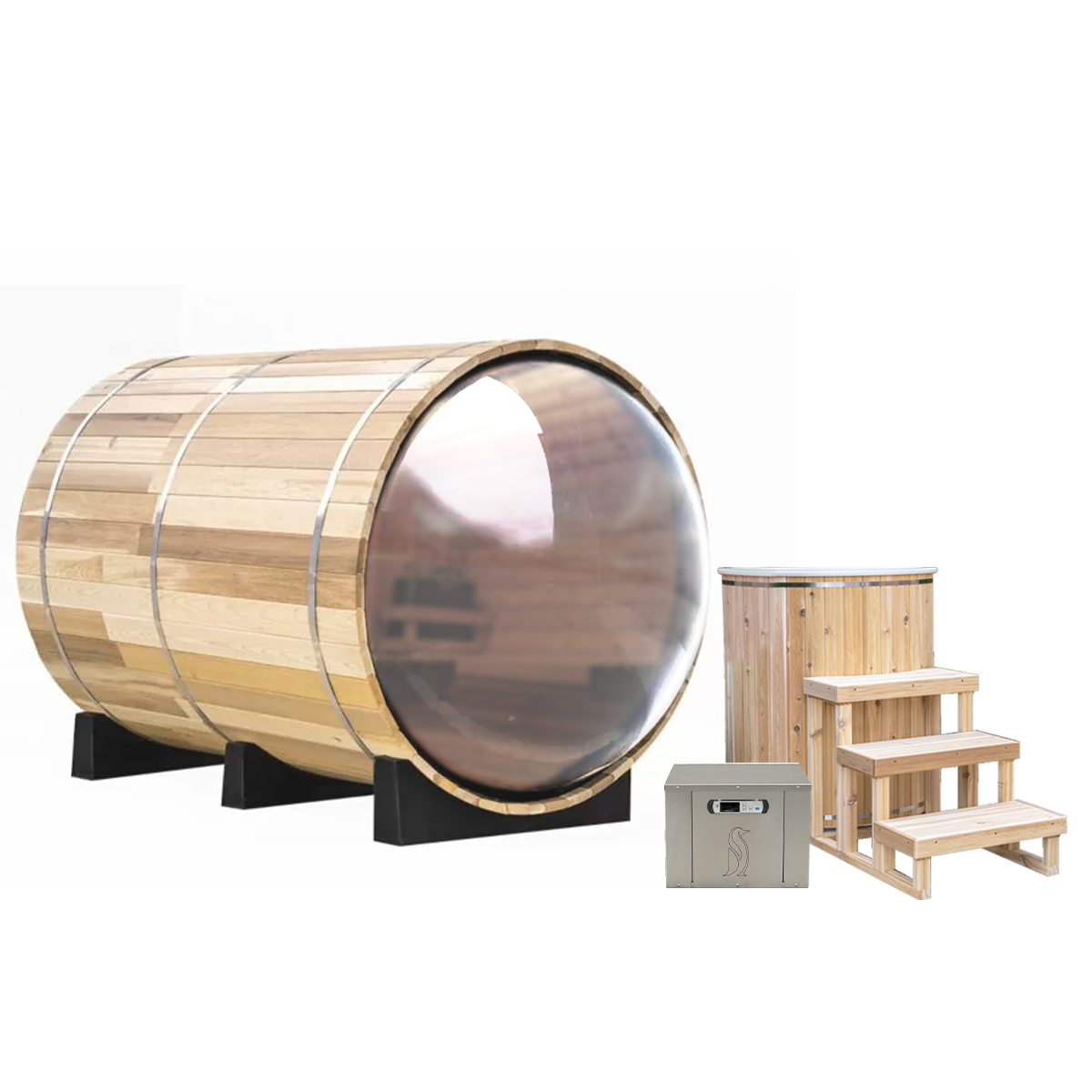 Dundalk LeisureCraft Panoramic View Barrel Sauna & Arctic Cold Plunge Tub Detox Package