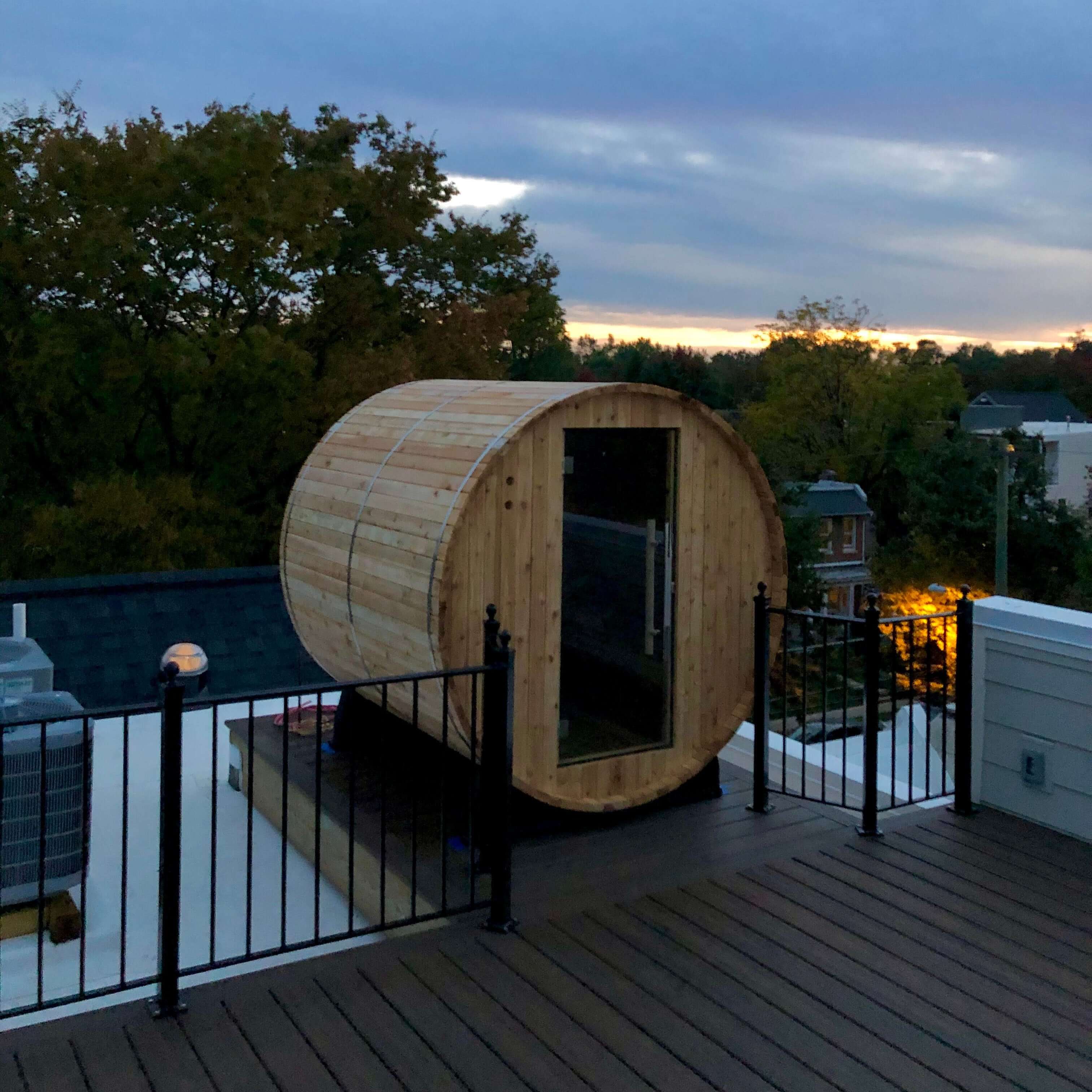 Almost Heaven Pinnacle 4 Person Barrel Sauna in a Patio