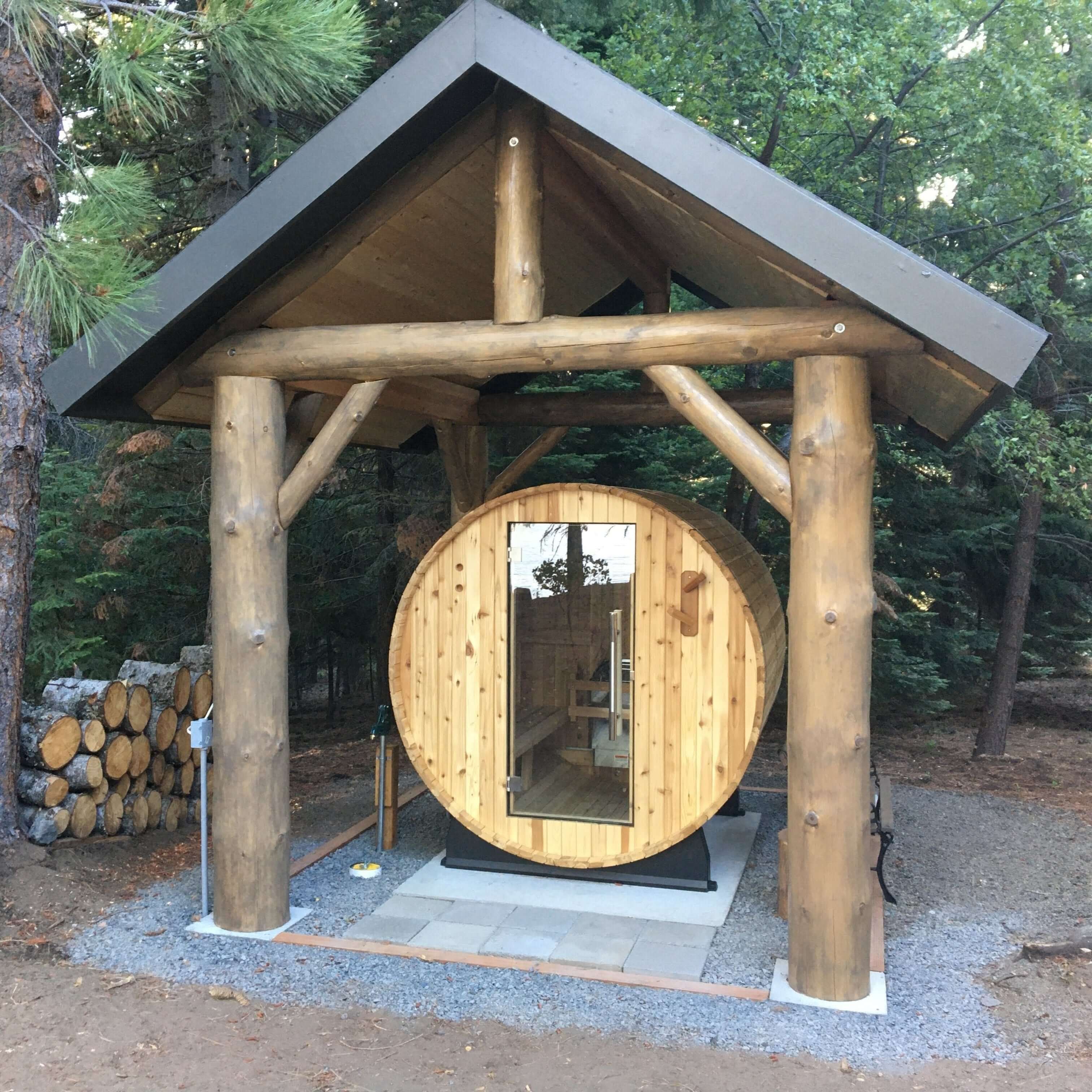 Almost Heaven Pinnacle 4 Person Barrel Sauna in a Backyard Shade