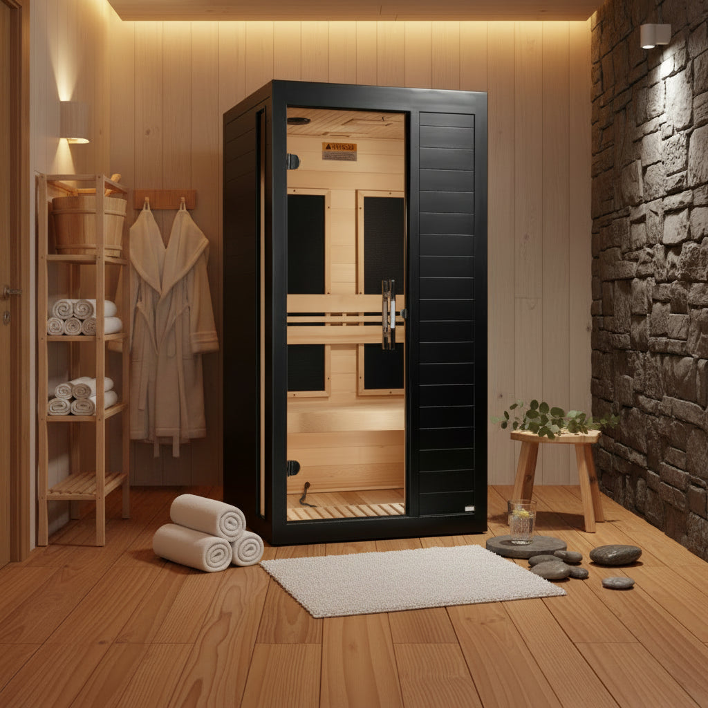A single-pane infrared sauna with a black exterior and light wood interior, shown on a plain white background.