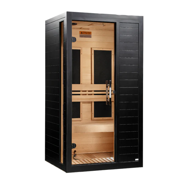 A single-pane infrared sauna with a black exterior and light wood interior, shown on a plain white background.