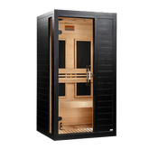 A single-pane infrared sauna with a black exterior and light wood interior, shown on a plain white background.