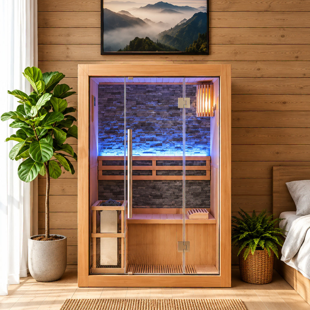 Front view of the Rockledge in a bedroom setting with plants