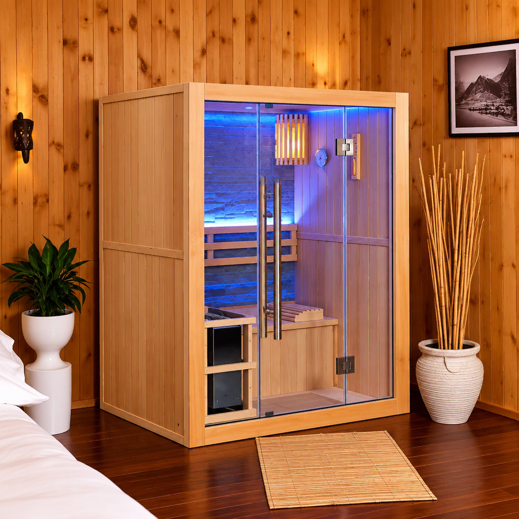 Rockledge sauna with blue LED lighting in a wood-paneled room, angled view
