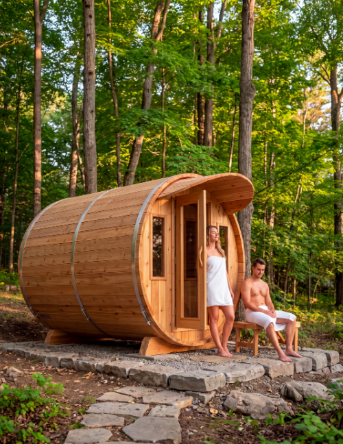 A wooden barrel-shaped sauna cabin sits outdoors on a stone platform in a forest, with a woman in a white towel standing beside it and a man sitting on a small bench nearby.