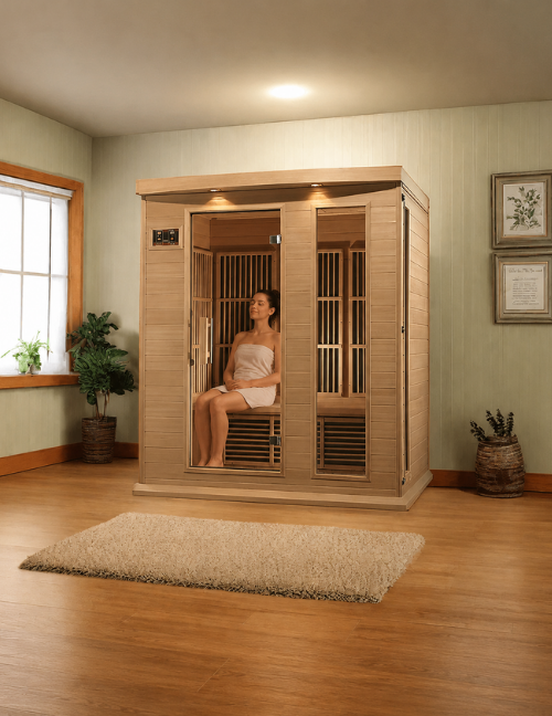 A woman sits inside a wooden infrared sauna in a spa-like room with wood floors, a window, plants, and a shag rug.